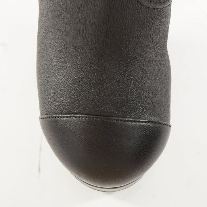 CHANEL 2024 black stretch leather cap toe platform block knee high boots EU38.5C