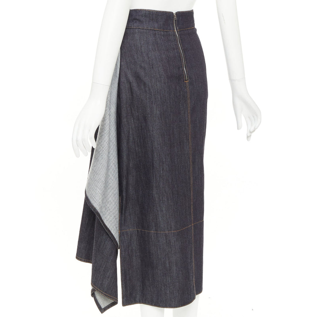 MARNI indigo blue cotton cashmere denim drape asymmetric hem midi skirt IT38 XS