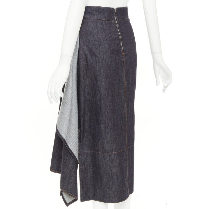 MARNI indigo blue cotton cashmere denim drape asymmetric hem midi skirt IT38 XS