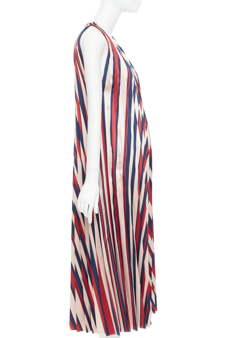 TOME beige red navy chevron print pleated V neck black trim midi dress S