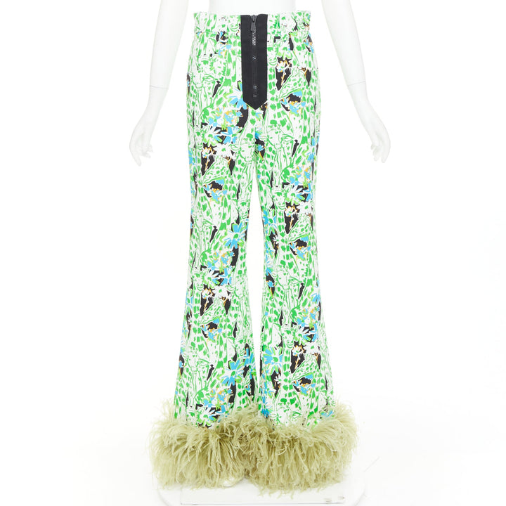 MIU MIU 2018 Runway green multi giraffe print feather hem flared pants IT40 S