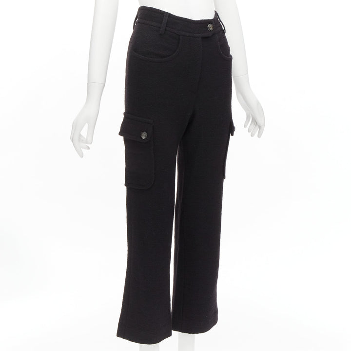CHANEL black wool tweed silk lined cargo pocket pants FR34 XS