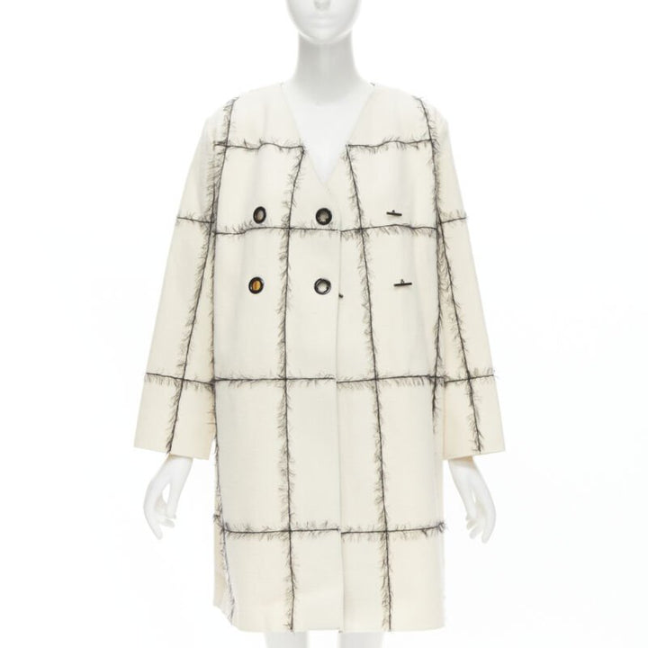 VERONIQUE LEROY cream wool frayed check toggle button double breasted coat FR36