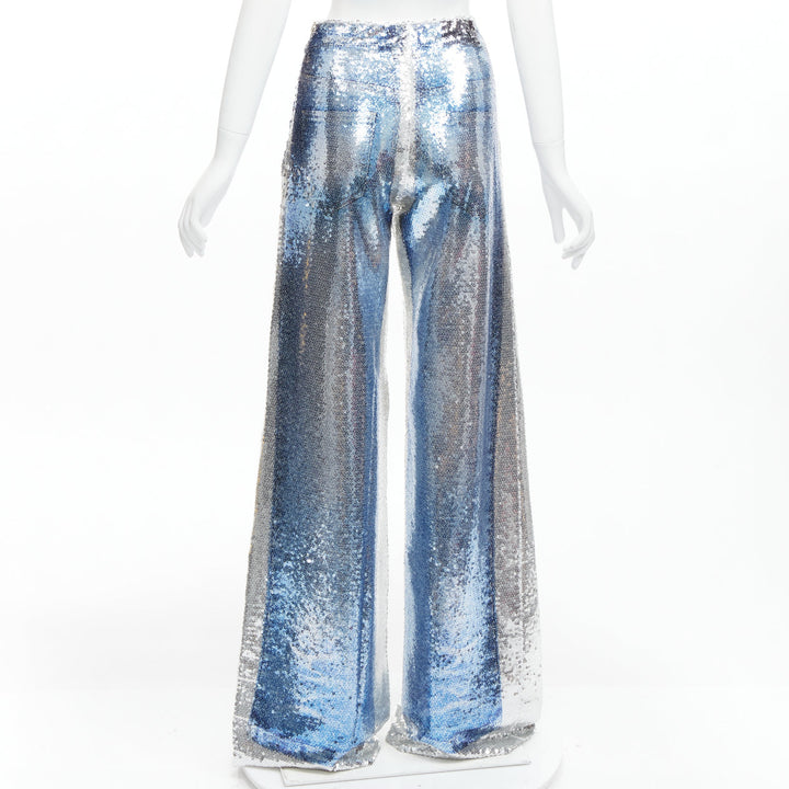 PONY STONE THAILAND silver blue tromp loeil jeans sequins wide leg pants US2 S