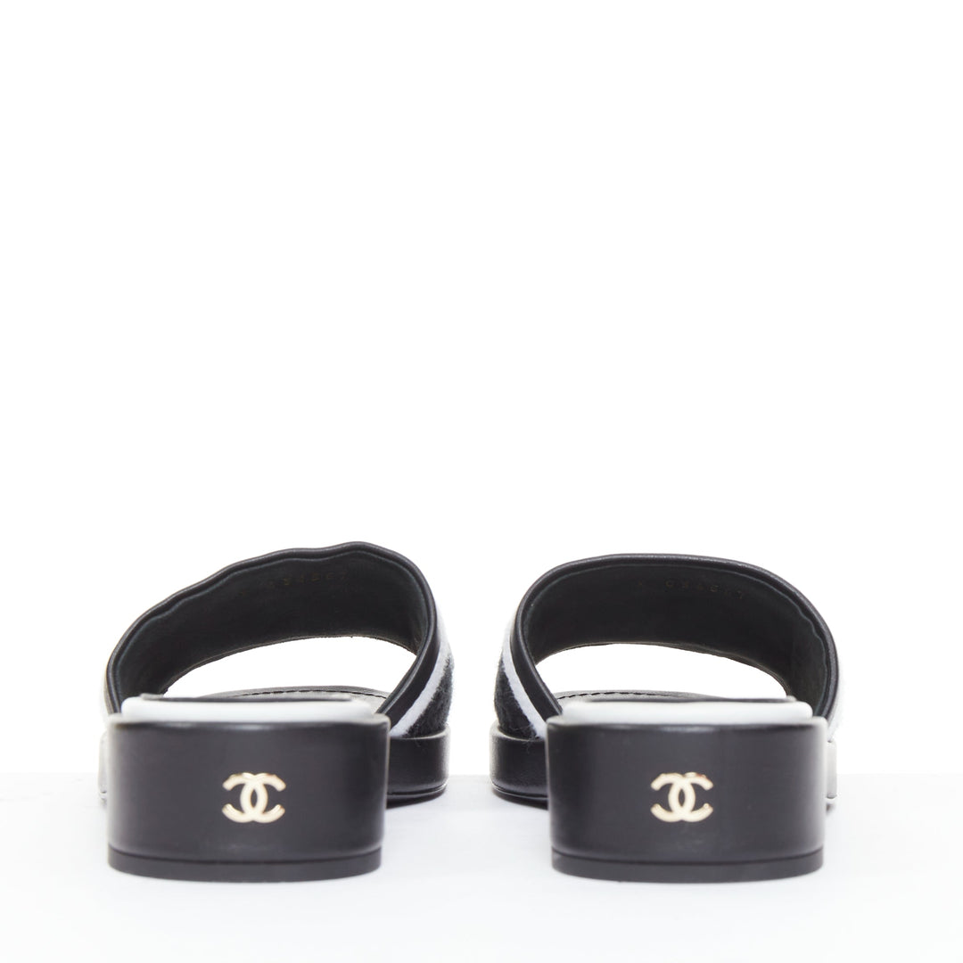 CHANEL 2021 Runway black white logo embroidered lambskin CC mule sandals EU35.5
