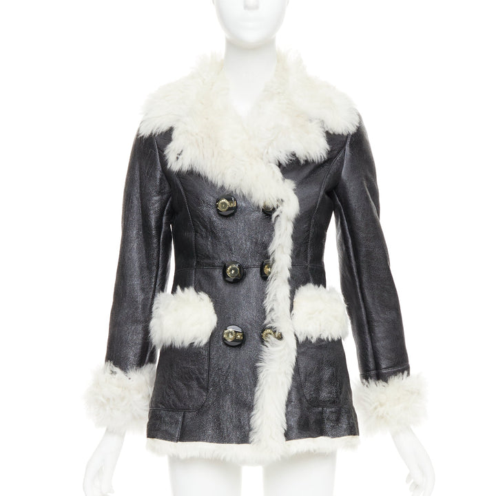 PRADA 2009 Vintage cream sheep fur black leather crystal buttons coat IT36 XXS