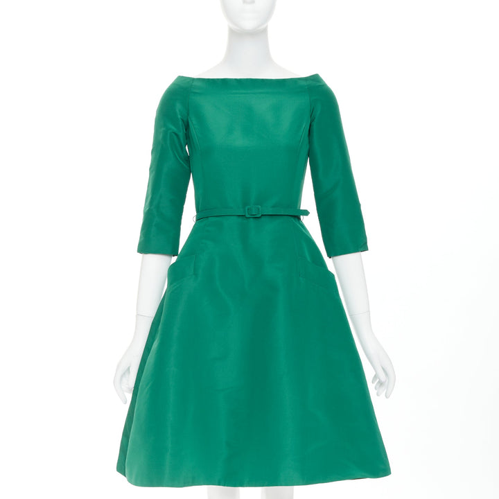 OSCAR DE LA RENTA F17 kelly green  silk taffeta bateau neck belted dress US0 XS