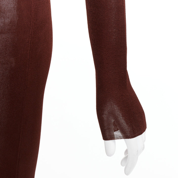 SAINT LAURENT 2023 Runway chocolate dark brown mock neck sheer knit dress XS
