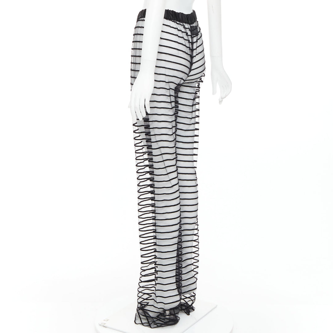 DRIES VAN NOTEN black flocked mesh striped sheer straight leg pants FR38 M