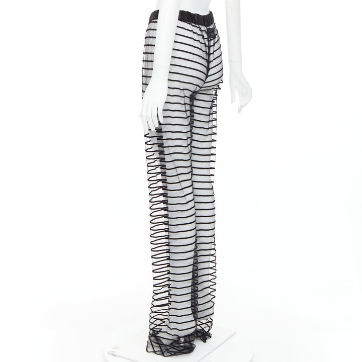 DRIES VAN NOTEN black flocked mesh striped sheer straight leg pants FR38 M