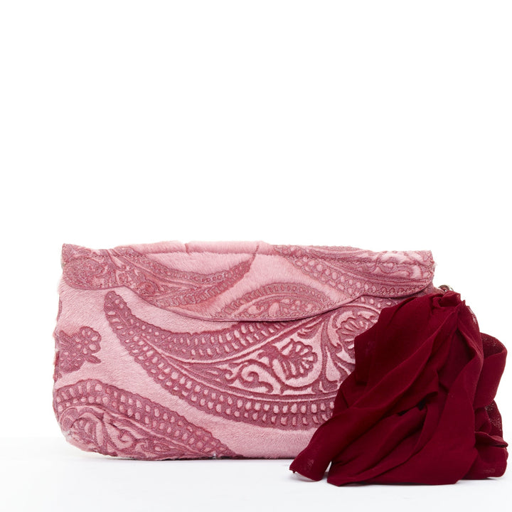 MATTHEW WILLIAMSON pink laser cut calf hair crystal silk wristlet clutch bag