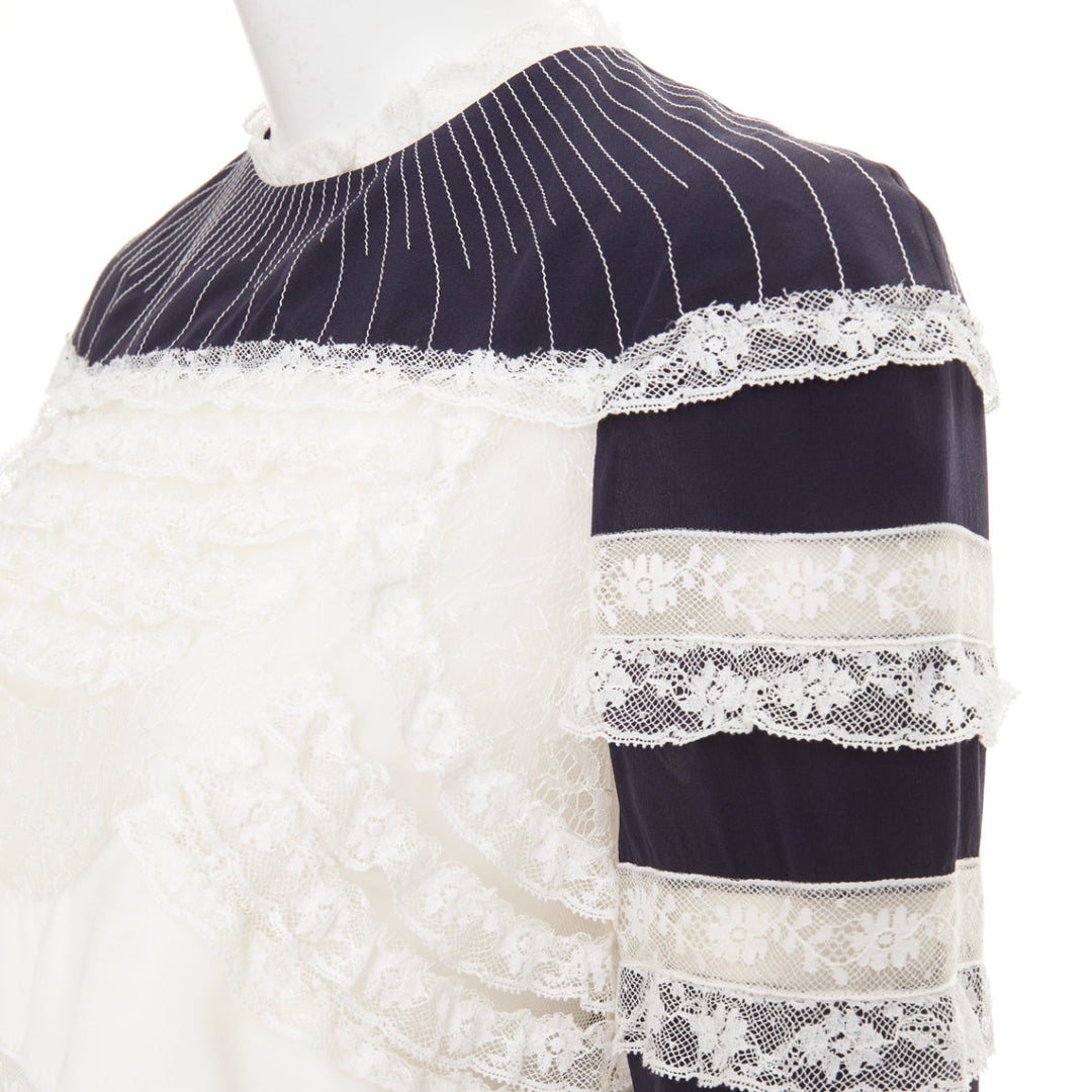 VALENTINO 2015 navy cream 100% silk pinstripe floral lace panelled top IT42 M