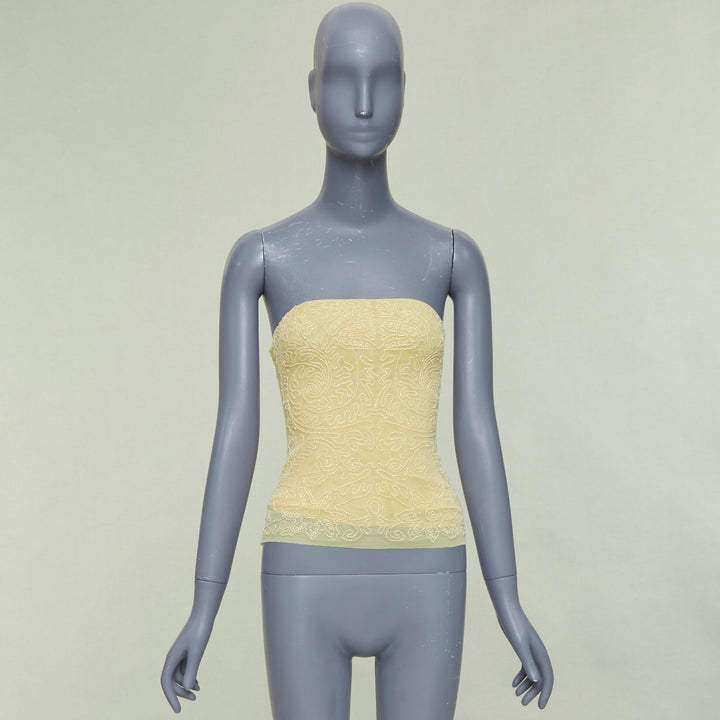 VERA WANG Vintage butter yellow clear bead embellished bandeau tube top US4 S