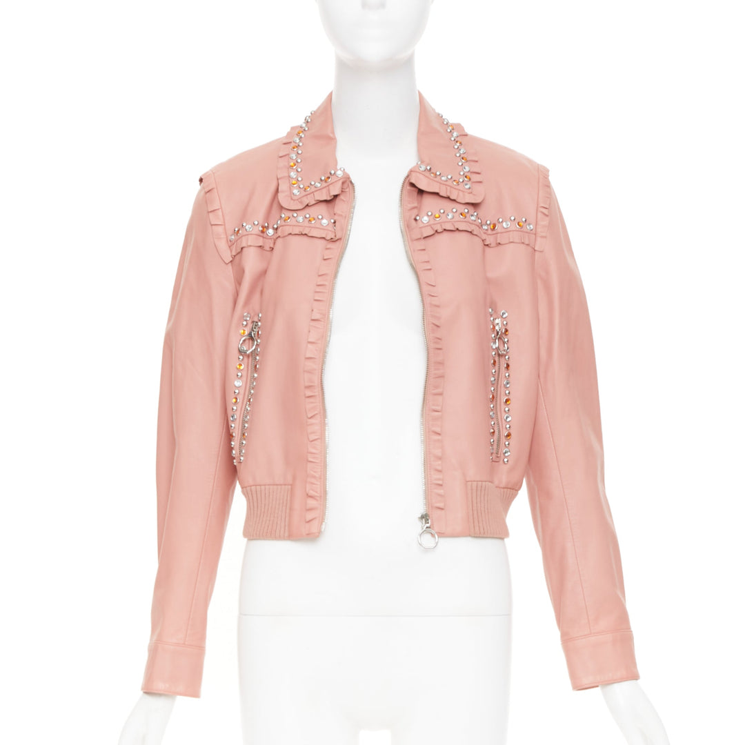 MIU MIU 2016 Runway ruffle studded crystal trim lambskin leather jacket IT42 M