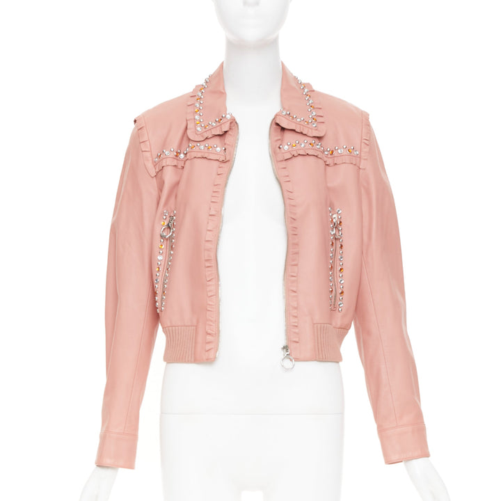 MIU MIU 2016 Runway ruffle studded crystal trim lambskin leather jacket IT42 M