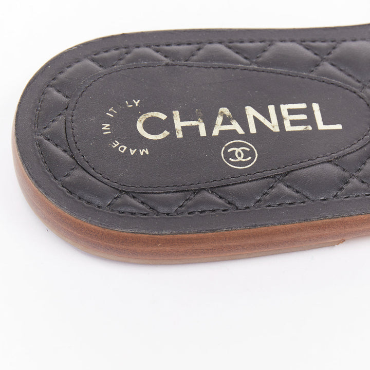 CHANEL 2017 Cuba black cream rope pearl twist slipper sandals EU38