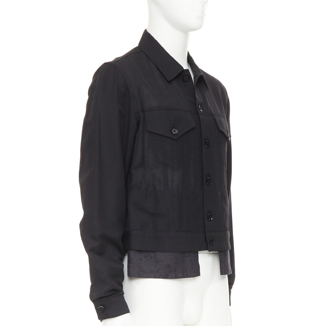 YOHJI YAMAMOTO Pour Homme black wool linen layered cropped trucker jacket JP4 XL