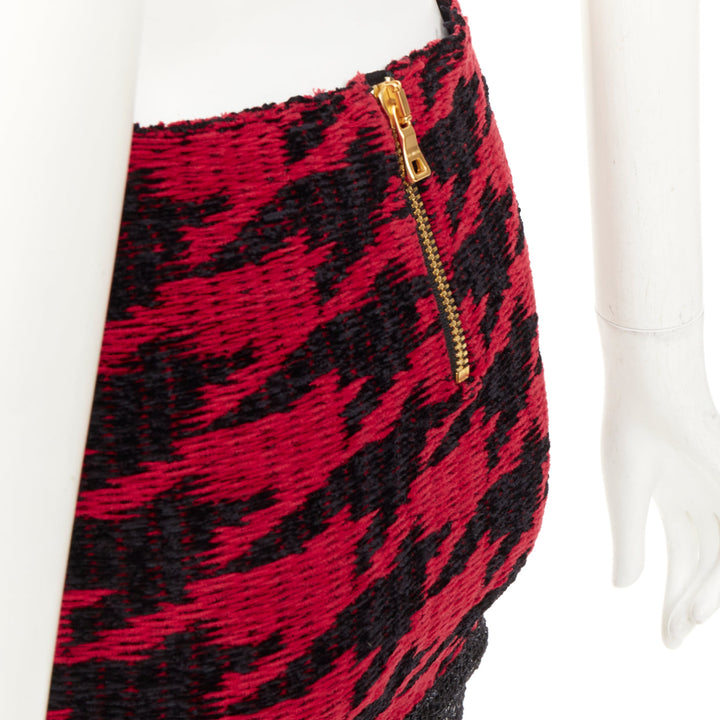 BALMAIN red black viscose blend tweed sequin trim velvet buttons skirt FR34 XS