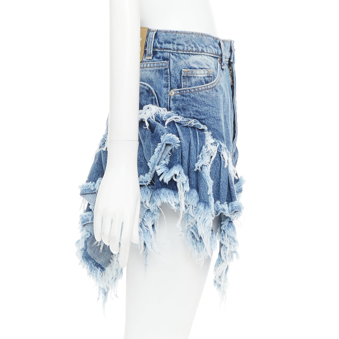 NATASHA ZINKO blue washed frayed layered hem mini high waist shorts XS