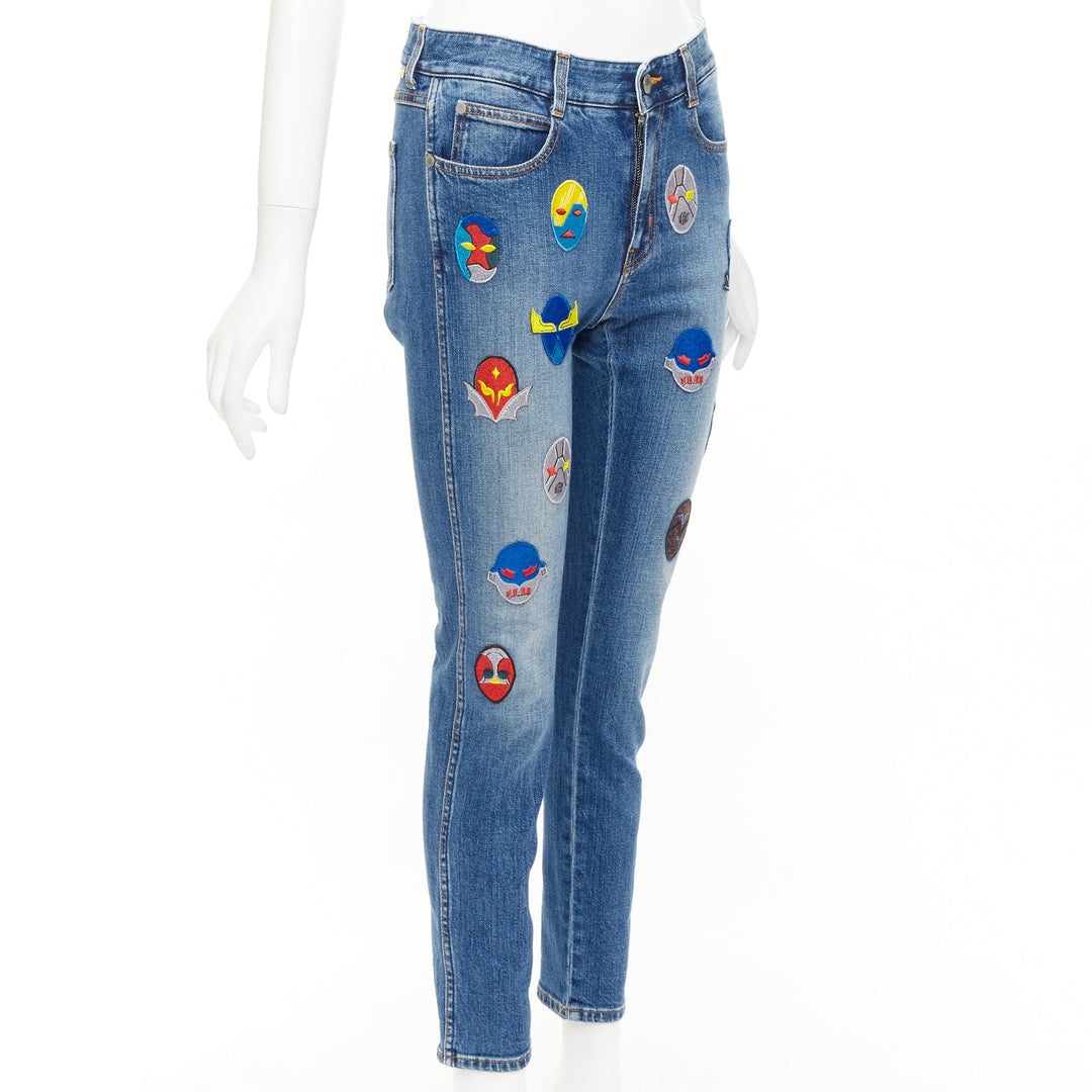 STELLA MCCARTNEY 2014 yellow blue superhero patch cropped jeans 25"