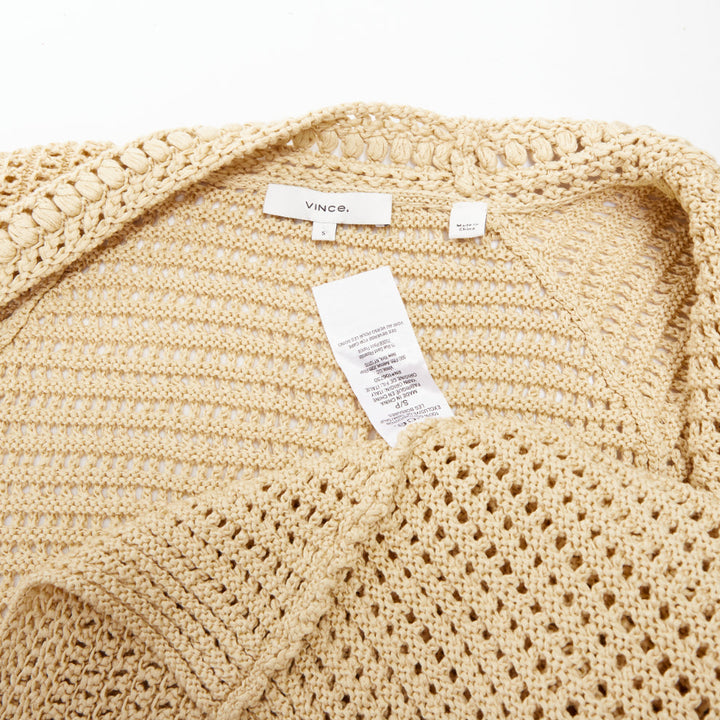 VINCE beige cream nude open work cotton mesh crochet knit button cardigan S