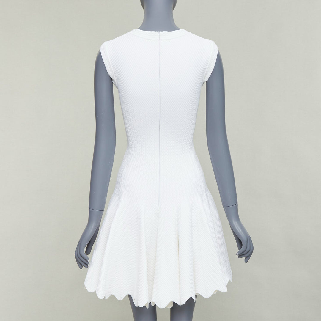 ALAIA cream viscose knit V neck sleeveless scalloped hem fit flare dress FR36 S