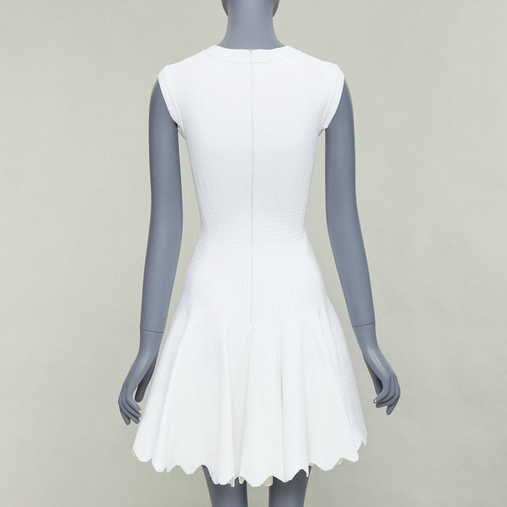 ALAIA cream viscose knit V neck sleeveless scalloped hem fit flare dress FR36 S