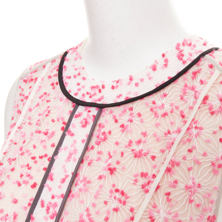FENDI Flocked Blossom pink sheer black trim drop waist mini dress IT42 M