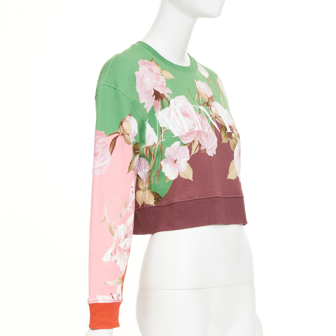 VALENTINO 2021 Flying Flowers logo colorblock cotton crop sweatshirt XS