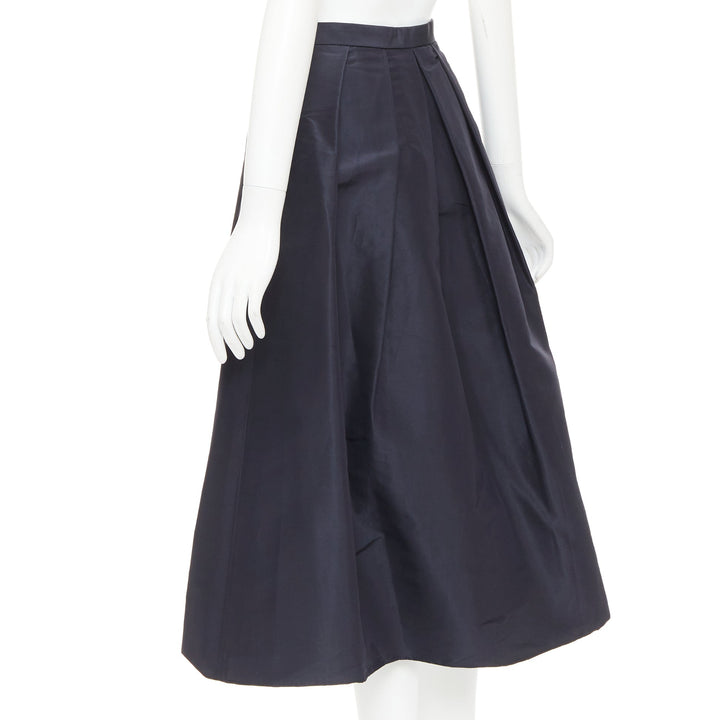 TIBI navy 100% silk satin crepe box pleated flared tea length midi skirt US0 XS