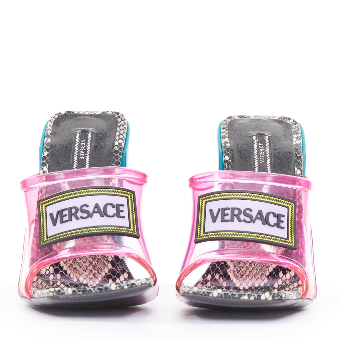 VERSACE 2019 Runway 90s Vintage Logo transparent pink PVC mules EU38.5 US8.5