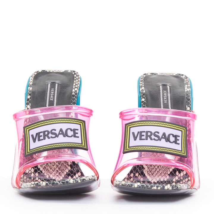 VERSACE 2019 Runway 90s Vintage Logo transparent pink PVC mules EU38.5 US8.5