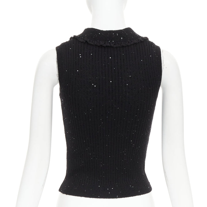 SHUSHU TONG black sequinned knit collared red logo rib crop vest UK6 XS