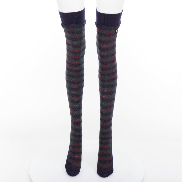 rare CHANEL logo charm navy green red striped cashmere silk thigh high socks M