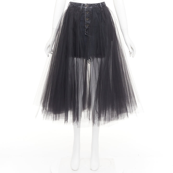 UNRAVEL PROJECT Ben Taverniti black denim tulle layered midi tutu skirt 25"