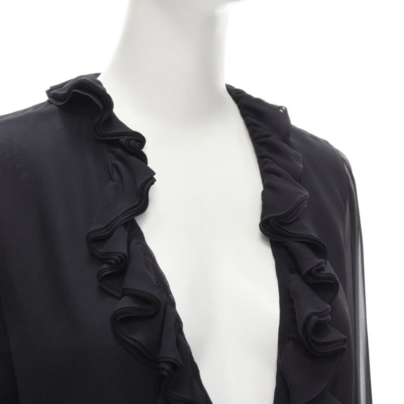 GUCCI TOM FORD 100% silk black ruffle trim plunge neck blouse IT38 XS