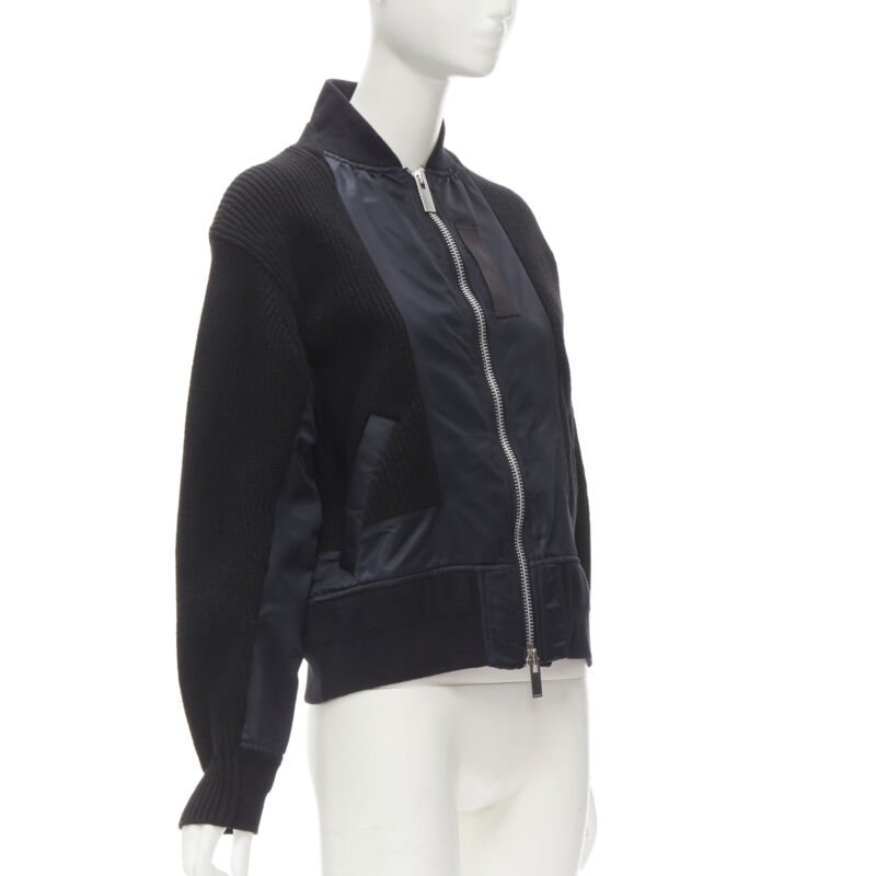 SACAI 2018 black wool knit nylon insert deconstructed bomber jacket JP1 S