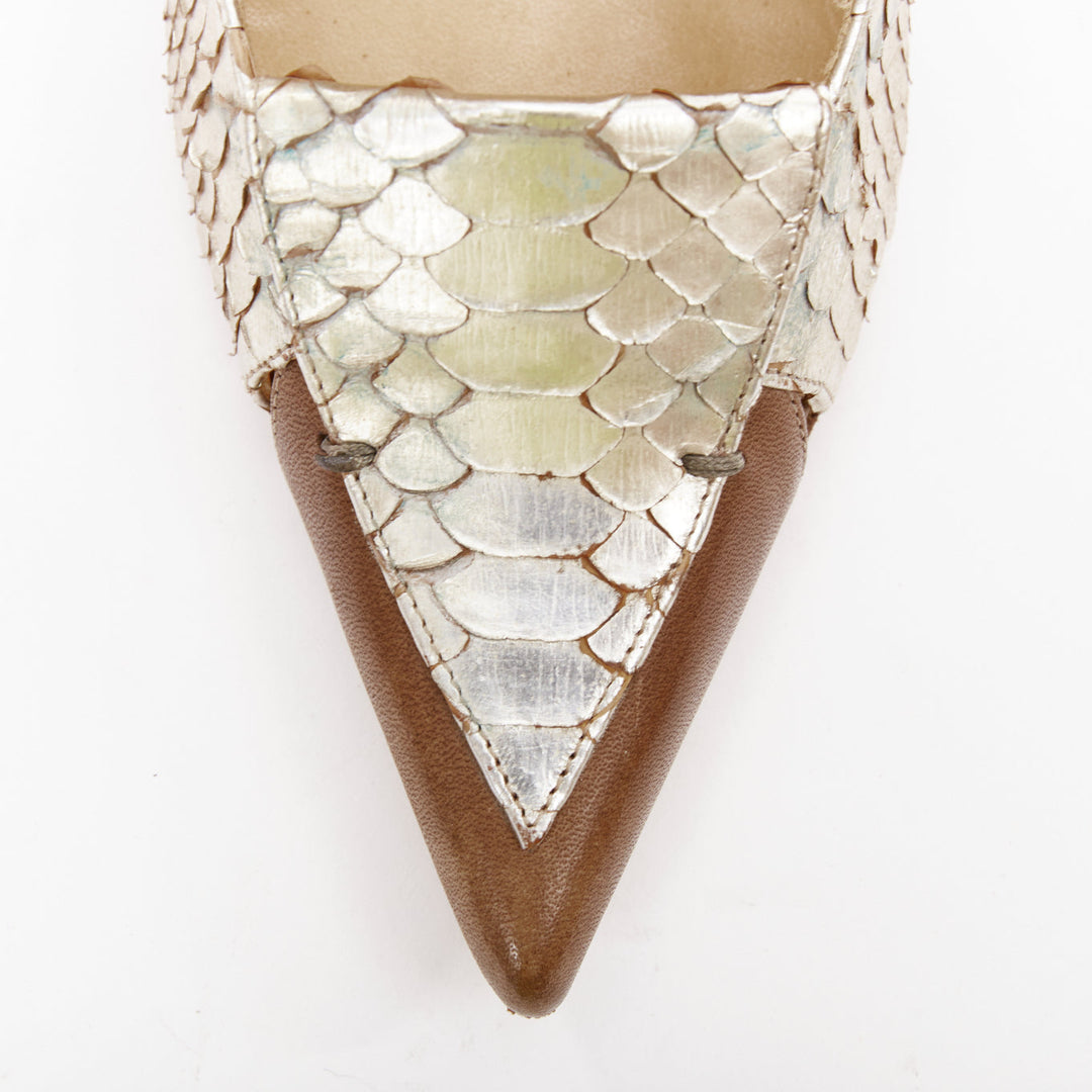 CHLOE Vintage silver metallic scaled leather brown trim pointy pumps EU37.5