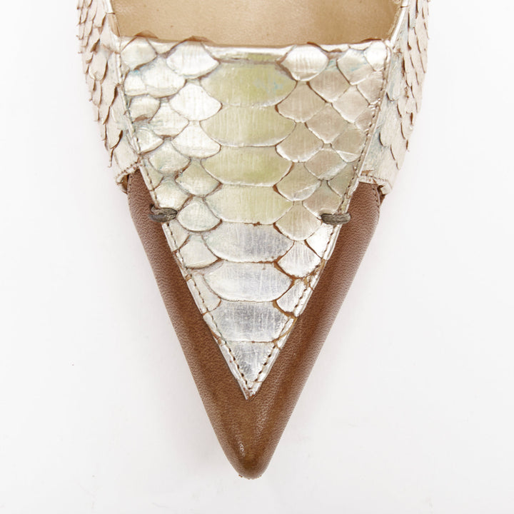CHLOE Vintage silver metallic scaled leather brown trim pointy pumps EU37.5