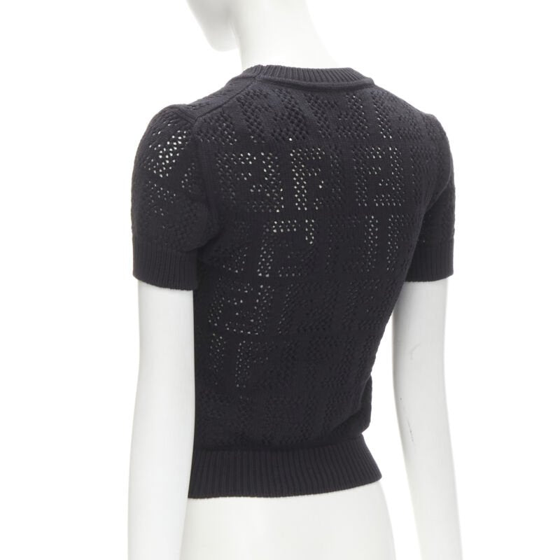 FENDI FF Zucca black cotton knit crochet sweater top IT36 XS
