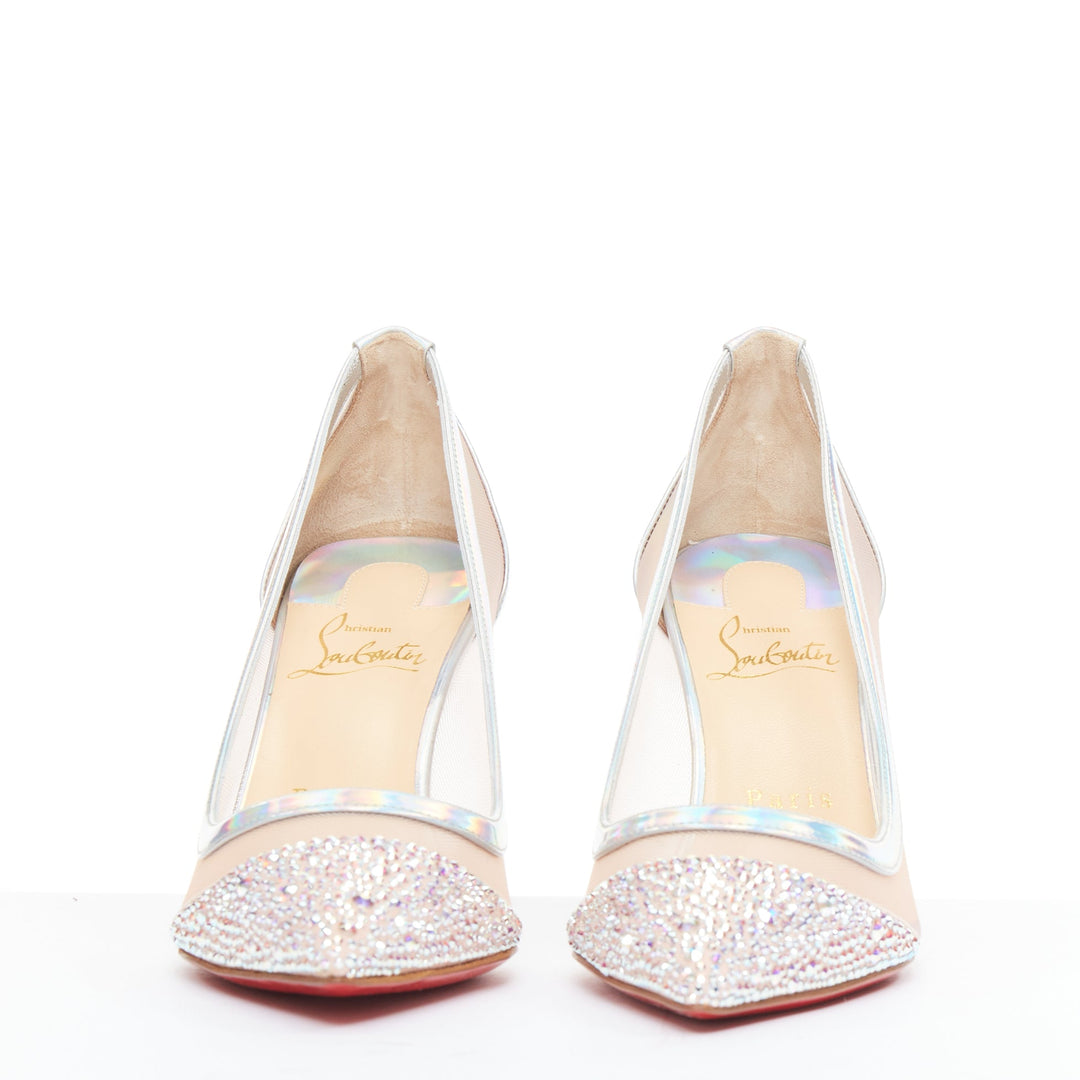 CHRISTIAN LOUBOUTIN Galavati Strass silver iridescent mesh crystal heels EU36.5
