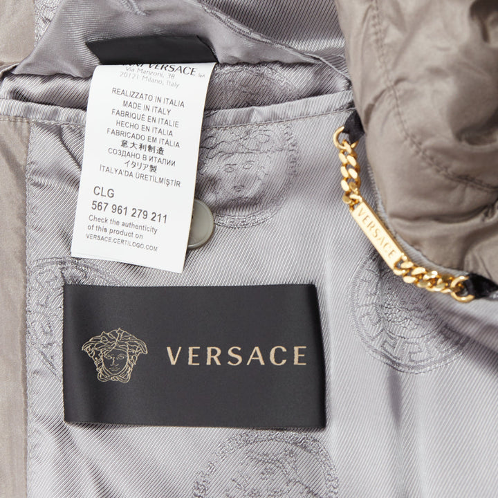 VERSACE 100% silk stone grey padded gold Medusa buttons long belted coat IT50 L