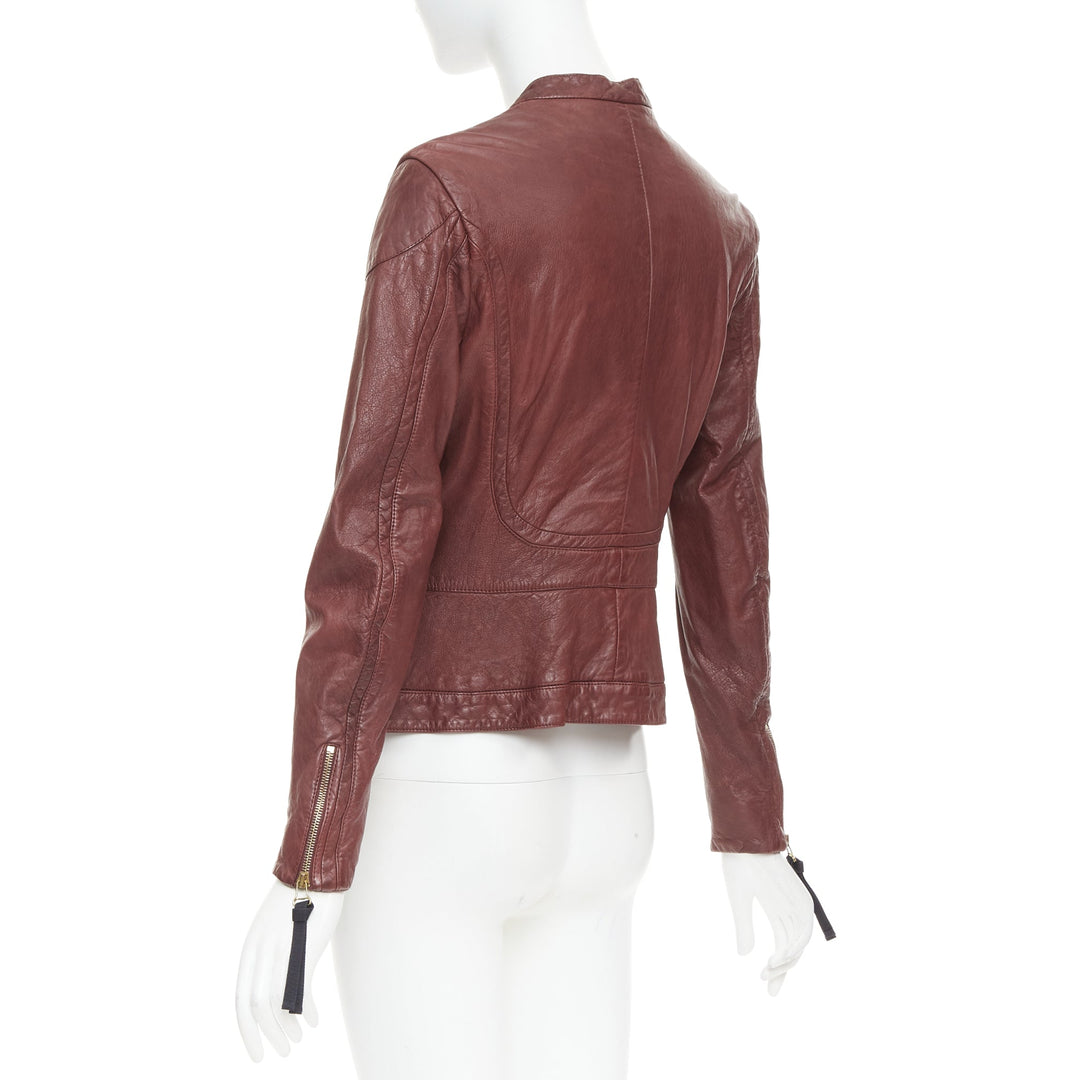 MARNI 2012 burgundy crinkled lamb leather wool lining moto biker jacket IT42 M