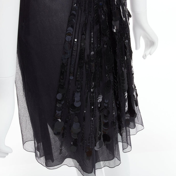 rare VERSACE 2008 black sequins bead embellishment ruffle strap dress IT38 XS