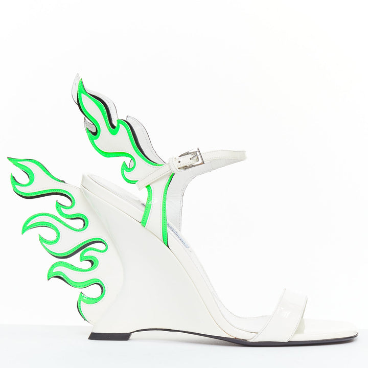 rare PRADA 2018 Flame Wedge white neon green patent Fire heel sandal EU37
