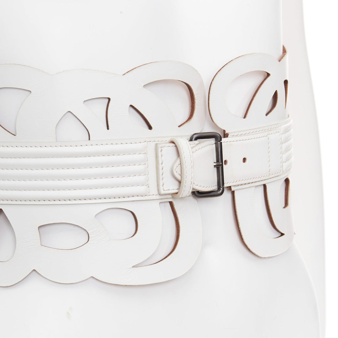 ALAIA  white leather romantic swirl laser cut out corset wide belt 65cm