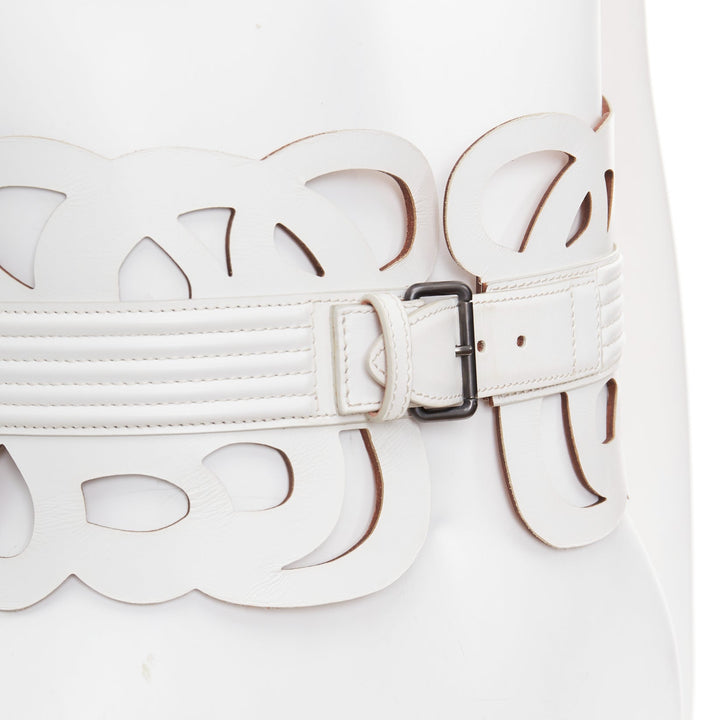 ALAIA  white leather romantic swirl laser cut out corset wide belt 65cm