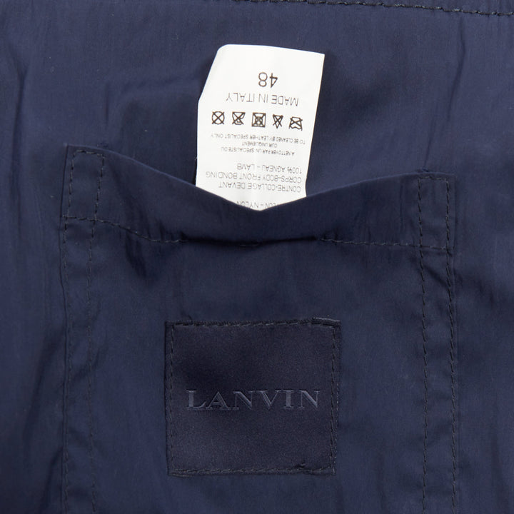 LANVIN black leather panels navy lightweight nylon anorak coat FR48 M
