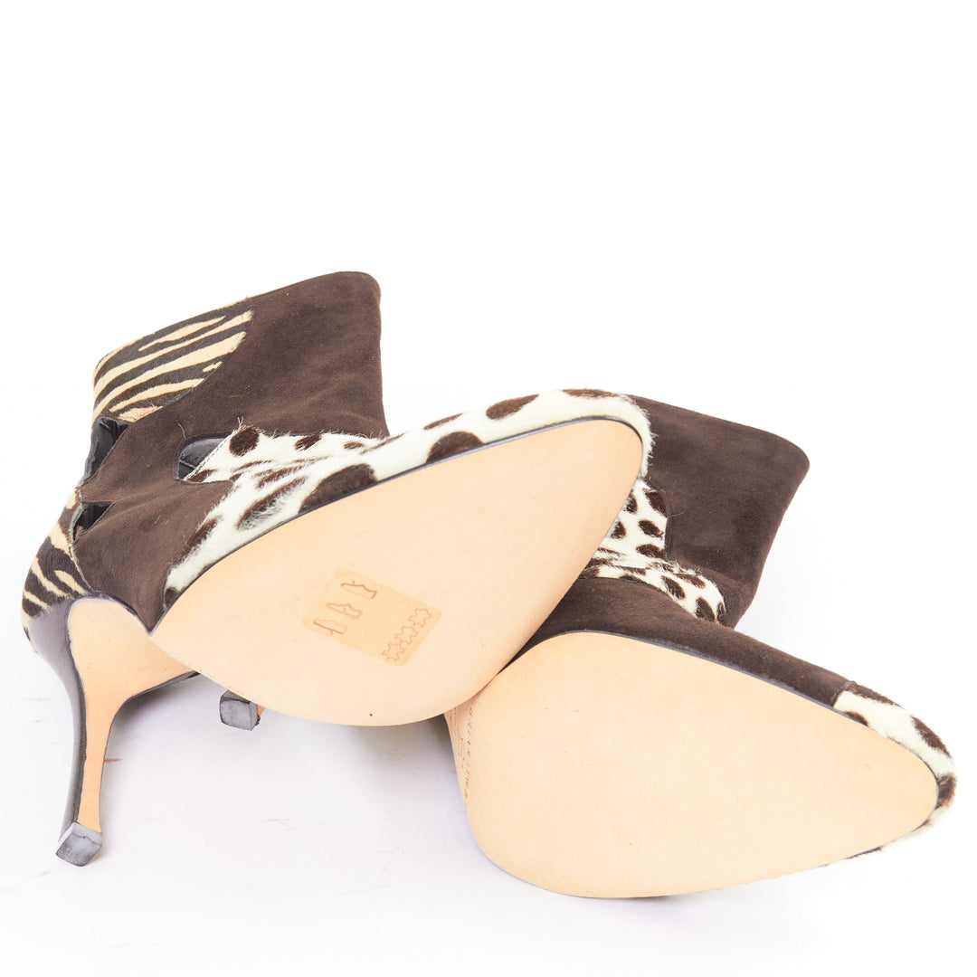 BRIAN ATWOOD Camoscio brown suede calf hair multi animal cut out booties EU38.5