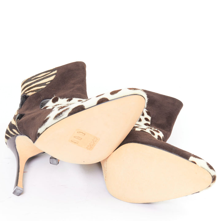 BRIAN ATWOOD Camoscio brown suede calf hair multi animal cut out booties EU38.5